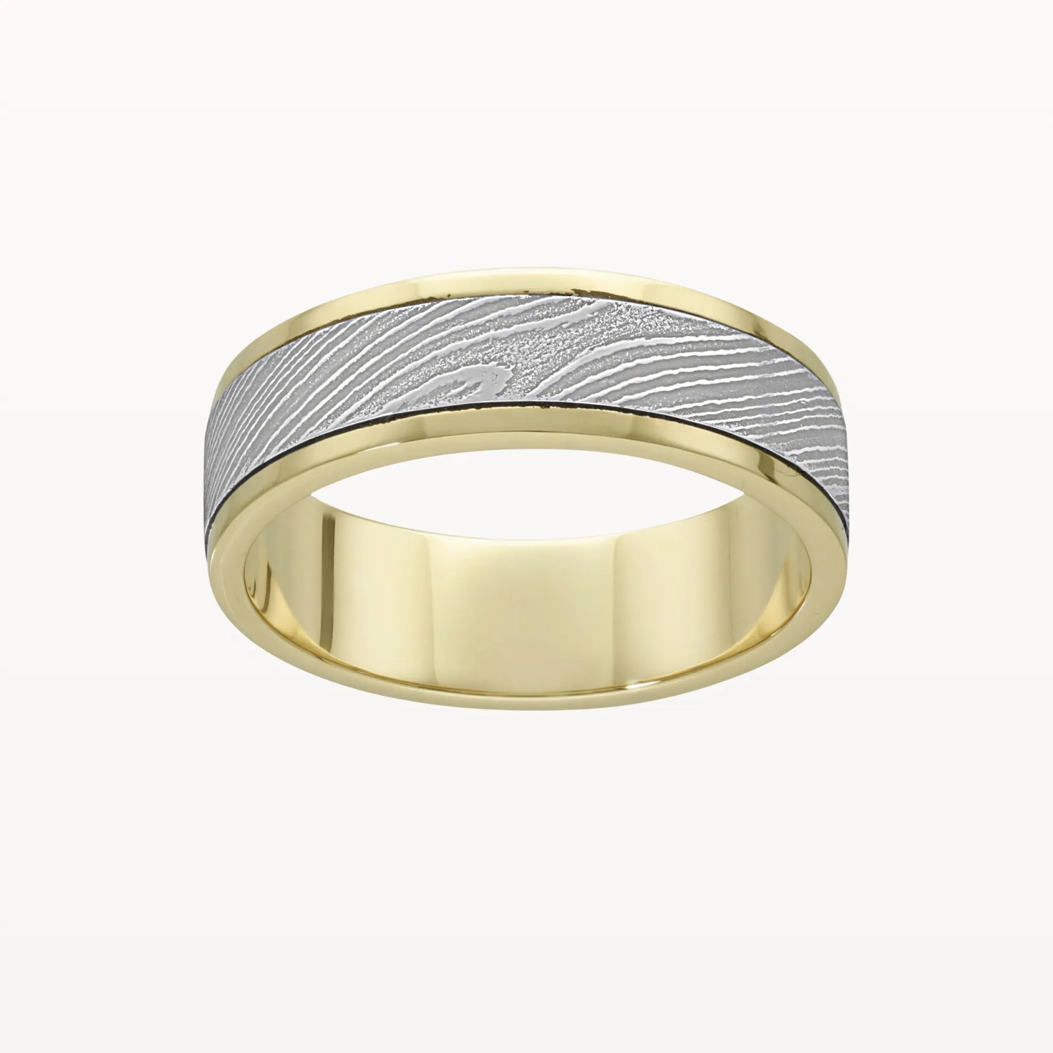 Damascus Steel Wood and Yellow Gold Flat Edge Band